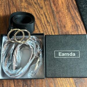 Earnda Women’s Faux Leather Belts Dress Double Buckle 2 Pieces Blk&Brown XS